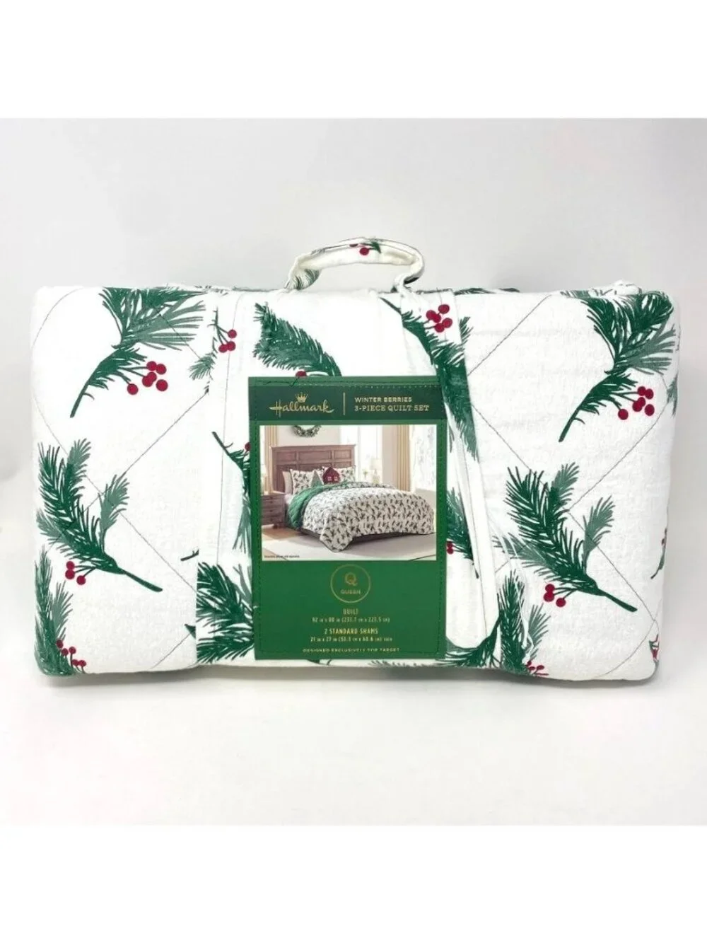 Hallmark Queen Flannel Greenery Print Quilt/ 2 Standard Shams Set Holiday Decor
